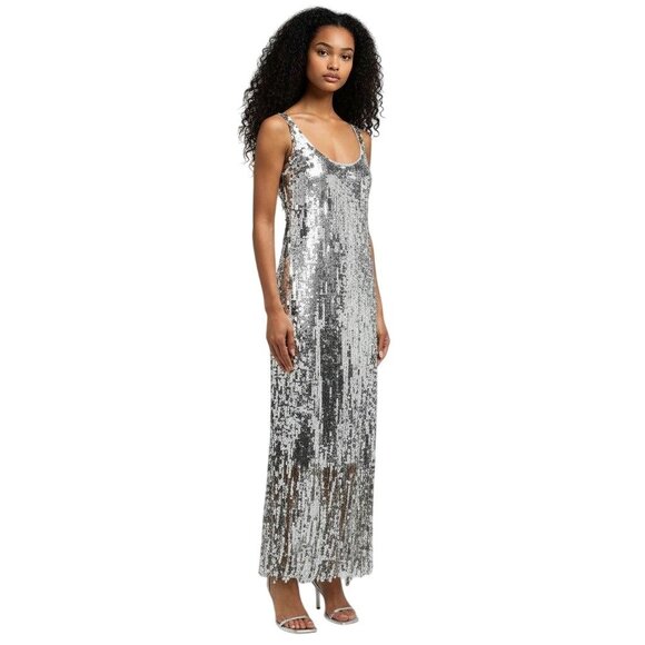 SIMKHAI Ayala Gown Silver Sequin Fringe Dress NWT  - Size 2 - Picture 1 of 14